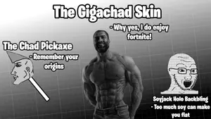 chad thundercock, gigachad, soyak, 1soyjak, bald, beard, black eyes, buff, fortnite, front view