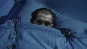 gigachad, 1nas, beard, bed, black hair, blanket, front view, gray eyes, gray skin, hair