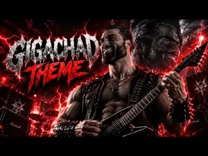 gigachad, buff, concert, drum set, electric guitar, guitar, holding guitar, jacket, lightning, metal (music)