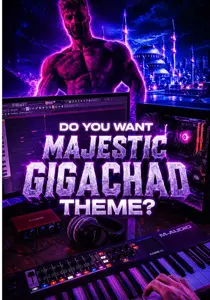 gigachad, headphones, keyboard, lights, mosque, pc, purple background, purple skin, text