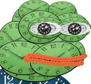 pepe, amphibian, animal, big lips, blue shirt, clock, clocks, eyes, frog, green skin