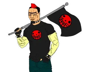 chudjak, chudjak front, muscular chud, 1soyjak, almost full body, black hair, buff, closed mouth, front view, goatee