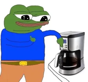 apu, pepe, 1nas, amphibian, animal, blue shirt, closed mouth, coffee, coffee maker, drink