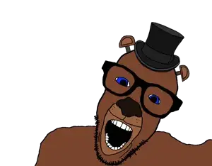 freddy fazbear, hawkjak, bald, blue eyes, brown skin, clothes, glasses, hat, nuvariant, open mouth