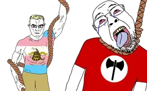 295078 - soybooru.com - 2soyjaks ack bernd blonde_hair bloodshot_eyes blue_tongue chudjak chudjak_front clothes crying glasses hair hanging hanging_troonjak muscular_chud nazi_maoism neo_libertarian_falangism n (1).png