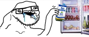 wojak, arm, brainlet, food, fridge, glasses, hands, holding object, milk, open mouth