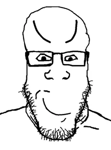 markiplier soyjak, bald, big brain, closed mouth, front view, glasses, long eyebrows, portrait, smile, smug