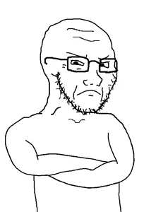 soyak, soyak (smug), closed mouth, crossed arms, forehead lines, frown, glasses, half body, looking down, soyjak
