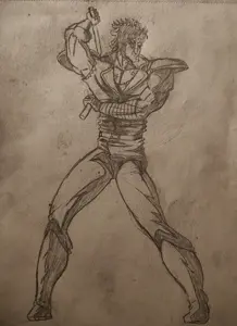 kenshiro, buff, clothes, drawing, full body, holding object, nunchucks, pencil drawing, traditional media, hokuto no ken