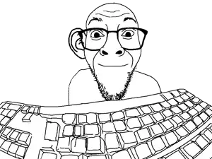 darren, 1soyjak, bald, closed mouth, ear, front view, glasses, half body, keyboard, listening