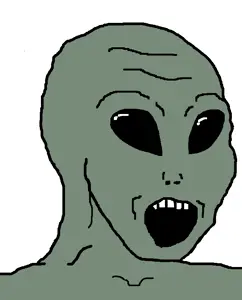 soyak, alien, black sclera, gray, gray skin, grey alien, no pupils, open mouth, soyjak, white background