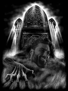 gigachad, black background, bone, bones, grass, gravestone, graveyard, horror, looking at you, satanism