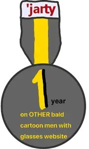 1, 1 year on other bald cartoon man with glasses website, accessory, badge, jakparty soy, jarty, medal, red text, text, transparent background