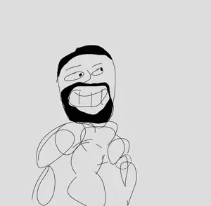gigachad, noveltygiga, beard, black eyes, black hair, buff, front view, gray background, gray skin, hair