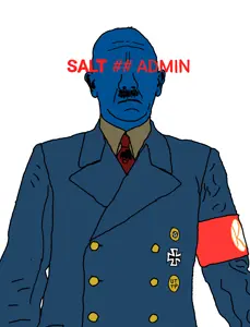 adolf hitler, armband, bald, blue skin, button, closed mouth, clothes, ear, front view, half body