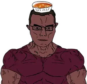 chudjak, chudjak front, muscular chud, 1soyjak, asian, beef soup, beefed, bowl, brown hair, buff