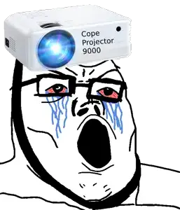 tony soprano soyjak, 1soyjak, angry, bloodshot eyes, cope projector 9000, crying, glasses, open mouth, projection, projector