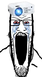 markiplier soyjak, longplier, 1soyjak, angry, bloodshot eyes, cope projector 9000, crying, glasses, open mouth, projection