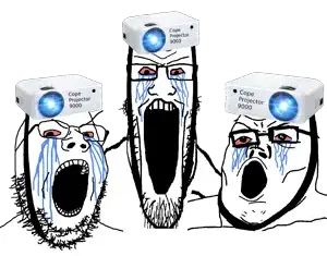 gapejak, markiplier soyjak, tony soprano soyjak, longplier, soyjak trio, 3soyjaks, angry, bloodshot eyes, cope projector 9000, crying