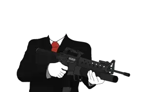accessory, arm, assault rifle, black suit, clothes, grenade launcher, gun, half body, hand, hands