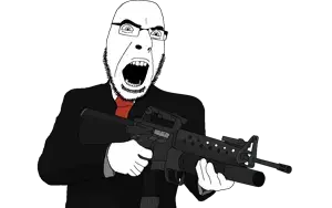 cobson, 1soyjak, angry, arm, assault rifle, bald, black suit, clothes, front view, glasses