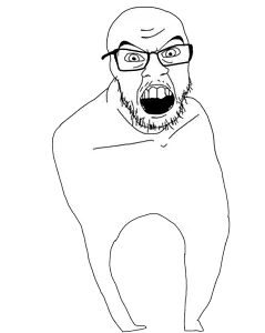 feraljak, angry, bald, full body, glasses, legs, open eyes, open mouth, soyjak, stubble