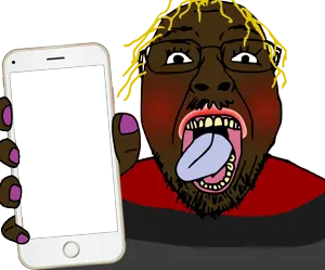 alicia, bernd, hunky twink sex machine, hunky twink sex machine, showing phone, 1soyjak, black eyes, black skin, blonde hair, front view