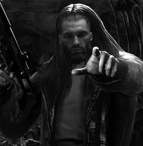 gigachad, not important, beard, black eyes, black hair, buff, closed mouth, drawn background, ernest khalimov, firearm