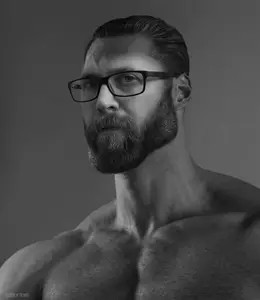 gigachad, almost full body, beard, buff, emotion, ernest khalimov, glasses, gray background, gray skin, grayscale