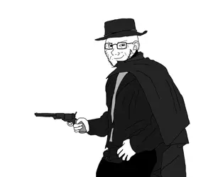 soyak, 1soyjak, almost full body, arm, black eyes, cloak, closed mouth, clothes, colt, cowboy