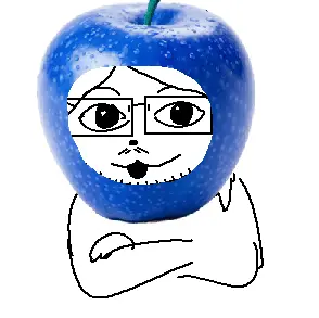 glegle, gleglejak, apple, black eyes, blue apple, clothes, crossed arms, food, front view, fruit