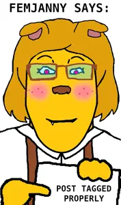 femjanny, markiplier soyjak, neutralplier, 1soyjak, animal, blue glasses, blush, closed mouth, dog, dog ear