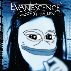 pepe, smug pepe, album cover, album cover parody, black eyes, black hair, evanescence, front view, hair, long hair