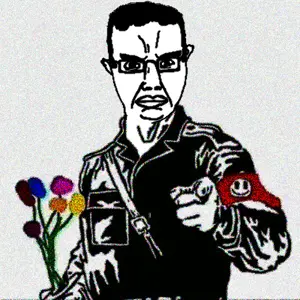 chudjak, chudjak front, 1soyjak, angry, black hair, closed mouth, clothes, fascism, flowers, glasses