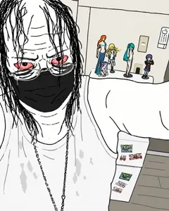 wojak, unknown, 1soyjak, angry, black hair, clothes, drawing, drawn background, fat, glasses