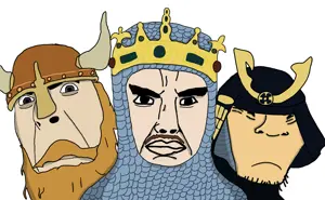 chudjak, cobson, soykio kid, 3soyjaks, armor, asian, beard, black hair, closed mouth, clothes