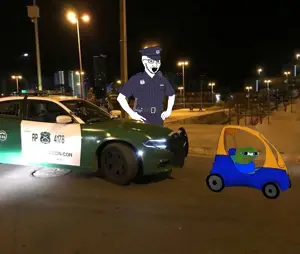 apu, pepe, soyak, 1soyjak, almost full body, arrest, black eyes, blue shirt, car, crying