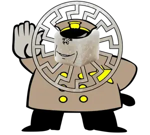 police man ganson, impish soyak ears, 1soyjak, bald, black eyes, clothes, fat, full body, half open mouth, hand