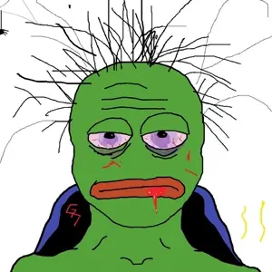 pepe, wojak, blood, blood from mouth, bloodshot eyes, brown hair, chair, closed mouth, front view, green skin
