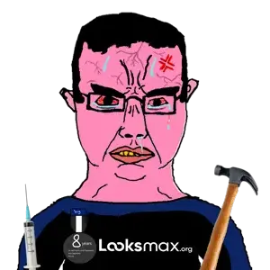 chudjak, chudjak front, pink rage, 1soyjak, anger mark, angry, badge, black eyes, black hair, bloodshot eyes