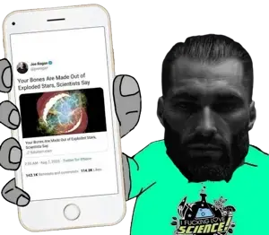 gigachad, showing phone, beard, black eyes, black hair, closed mouth, front camera, front view, gray skin, green shirt