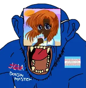 monkeyjak, 1soyjak, anime, black skin, blue skin, crossed out, ear, face mask, fangs, half body