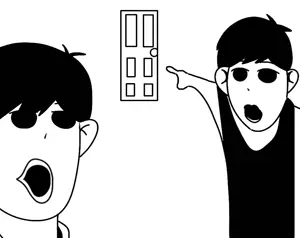 two pointing soyjaks, 2soyjaks, black and white, black hair, black shirt, coal, door, game, hair, monochrome