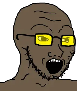 soyak, bald, brown skin, forehead lines, glasses, looking to the right, open mouth, root, soyjak, stubble
