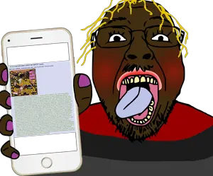 295498 - soybooru.com - 1soyjak alicia bernd black_skin blonde_hair glasses hair holding_object holding_phone hunky hunky_twink_sex_machine hunky_twink_sex_machine looking_at_you nigger open_mouth phone purple_tongue sharty shartycuck shits.png