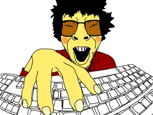 darren, 1soyjak, black hair, front view, glasses, hair, half closed eyes, half open mouth, kazakh, long hair