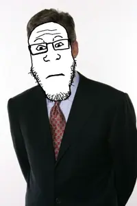 markiplier soyjak, neutralplier, 1soyjak, almost full body, black eyes, black hair, brown hair, chris hansen, closed mouth, clothes
