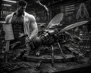 gigachad, gigafly, 2nas, animal, antenna, black hair, buff, bug, building, factory