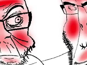 cobson, feraljak, don't laugh, 2soyjaks, bald, blood, blush, brass, closed mouth, deformed