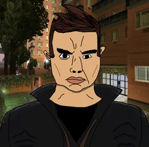 claude (grand theft auto), chudjak, chudjak front, 1soyjak, 2001, black eyes, black hair, brown hair, closed mouth, clothes